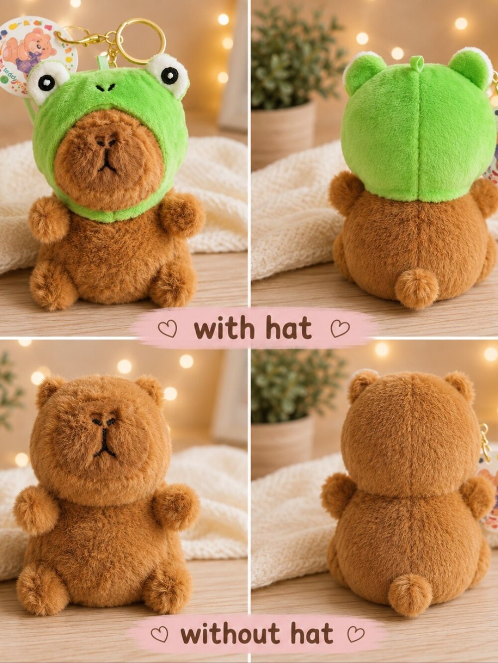 Plush Brown Capybara Keychain with Removable Green Frog Hat